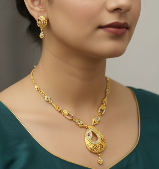 Micro Gold Plated And Diamond Studded Fancy Oval Pendant Set with Earring