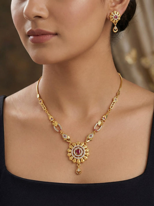 Micro Gold Plated And Diamond Studded Fancy Forming Flower Necklace with Earing