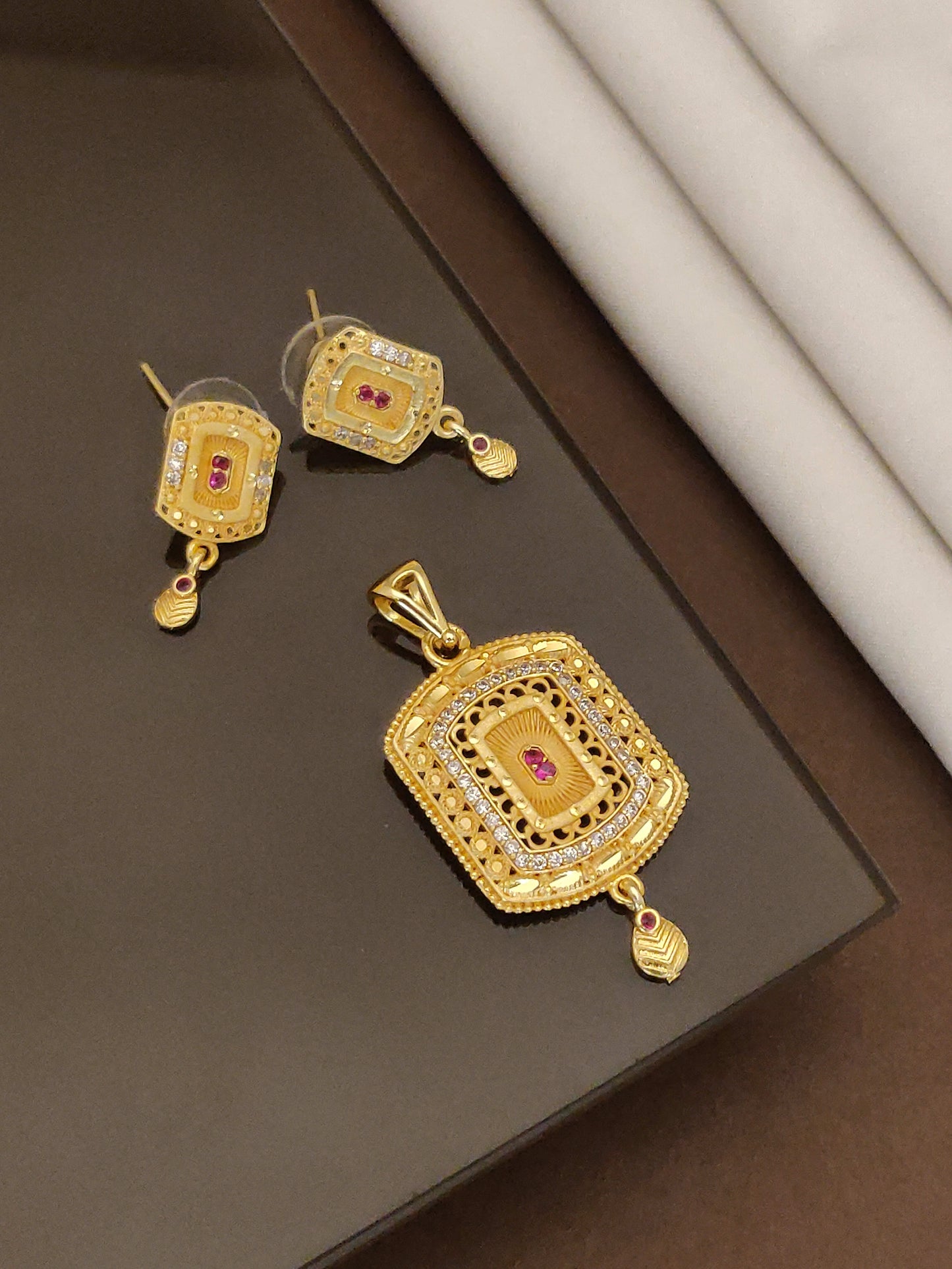 Micro Gold Plated And Diamond Studded Fancy Square Pendant with Earrings For Women