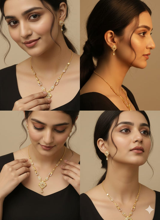 Micro Gold Plated And Diamond Studded Forming Square Necklace with Earrings For Women