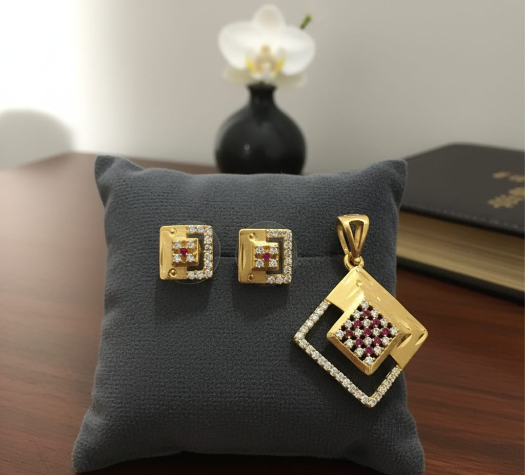 Micro Gold Plated And Diamond Studded Fancy Square Pendant with Earrings
