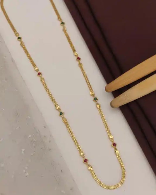 Gold Tone Plated And Diamond Studded Kempu Work Long Chain Mala
