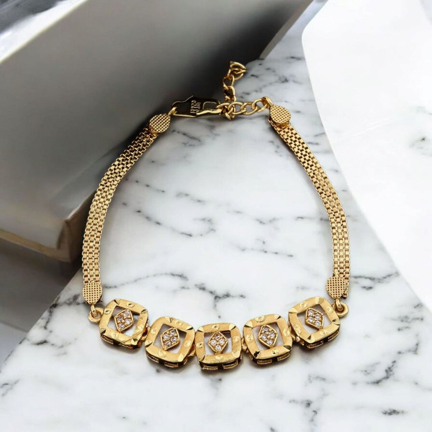 Micro Gold Plated And Diamond Studded Fancy Square Bracelet