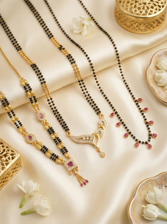 Micro Gold Plated Ruby-Style Mangalsutra Set For Women (Pack Of 3)