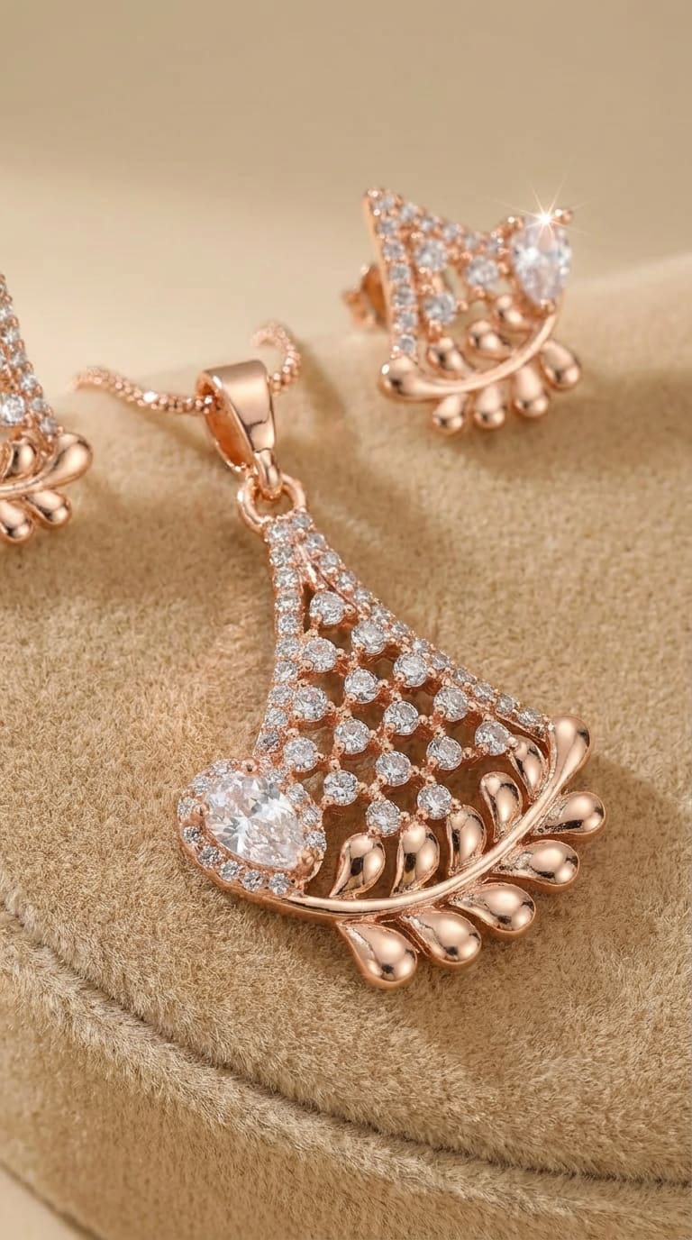 Rose Gold Plated And Diamond Studded Fancy Triangle Pendant Set with Short Chain
