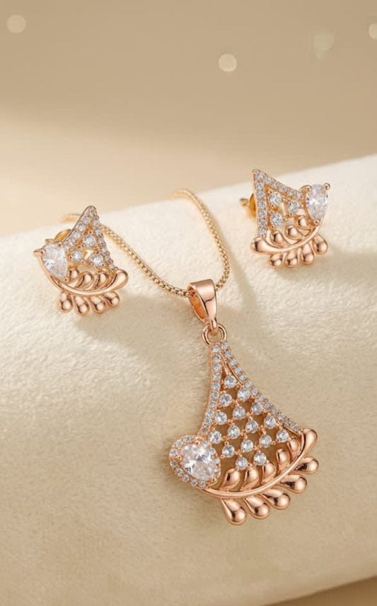 Rose Gold Plated And Diamond Studded Fancy Triangle Pendant Set with Short Chain