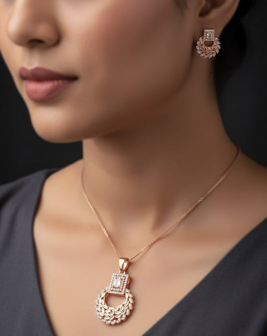 Rose Gold Plated And Diamond Studded Fancy Leaf Design Pendant Set