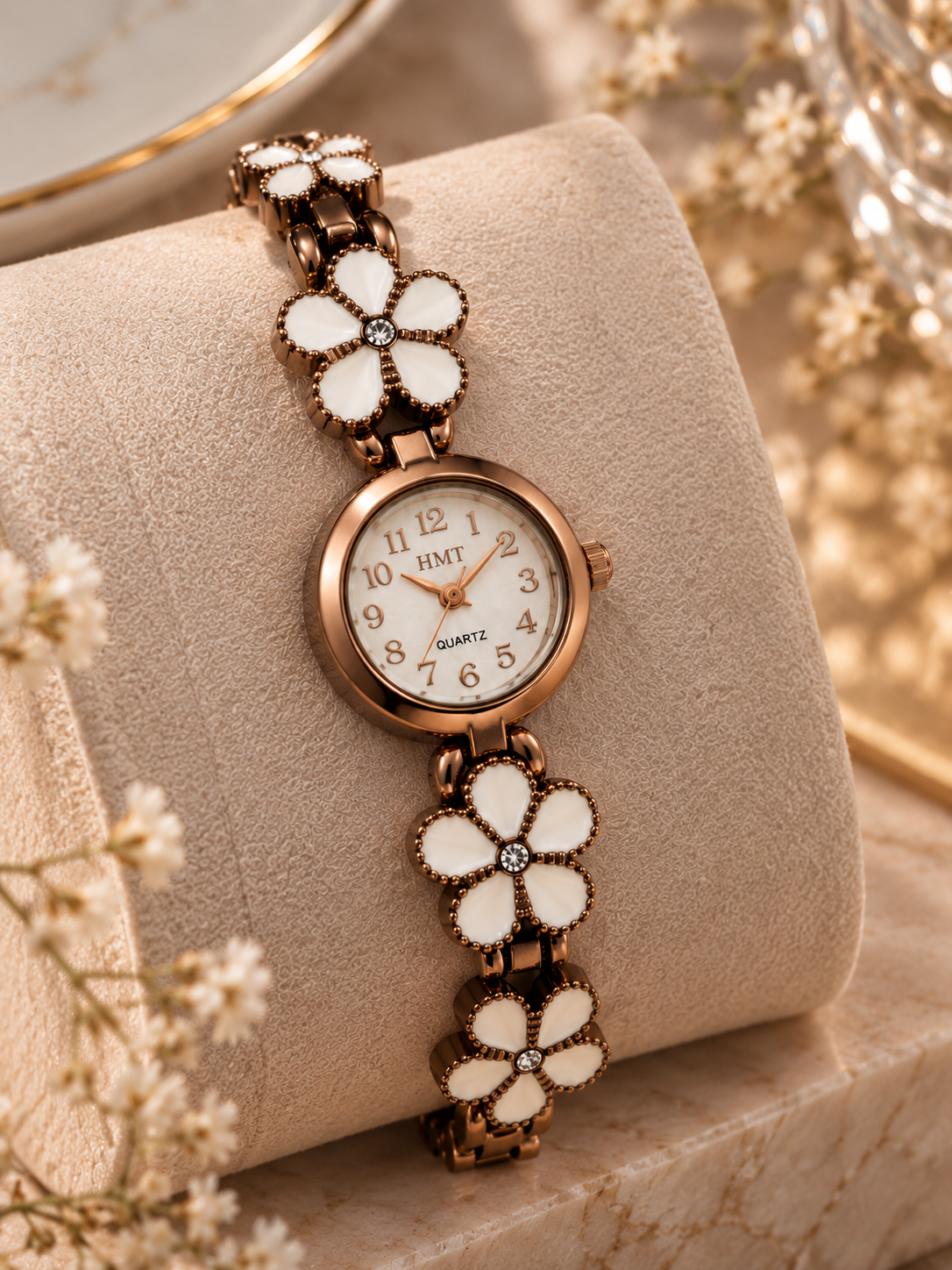 Copper-gold tone Floral Ceramic Anti-tarnish hmt Bracelet Watch for Women