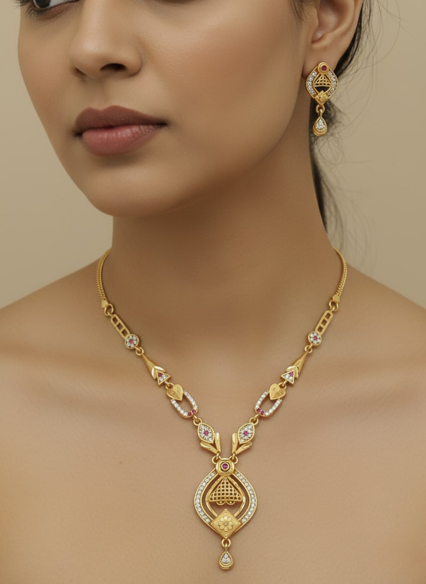 Micro Gold Plated And Diamond Studded Fancy Forming Necklace with Earrings For Women