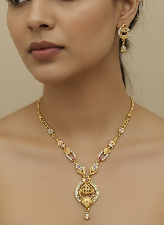 Micro Gold Plated And Diamond Studded Fancy Forming Necklace with Earrings For Women