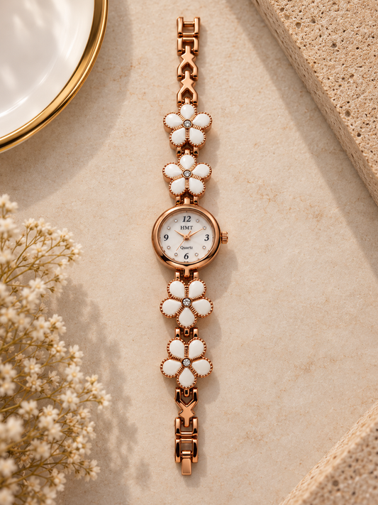 Rose Gold White Floral Ceramic Anti-tarnish hmt Bracelet Watch for Women