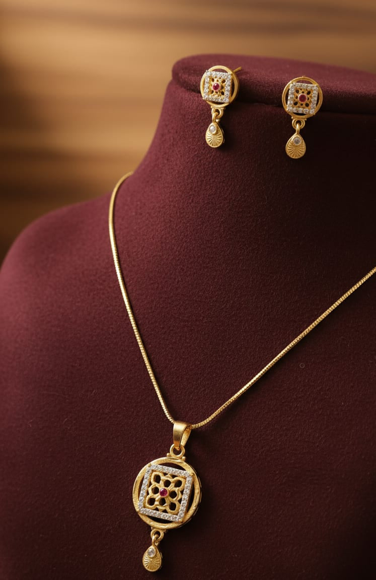Gold Plated Square Floral Pendant Set with Chain And Earrings