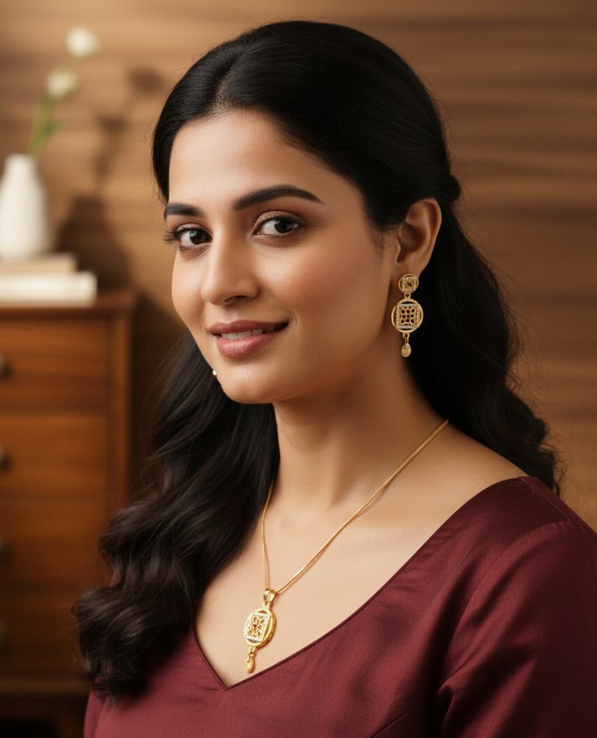 Gold Plated Square Floral Pendant Set with Chain And Earrings