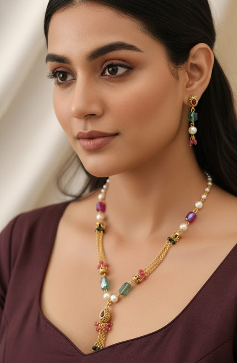Designer High Gold Plated And Diamond Studded Fancy Crystal Pearl Mala with Earring