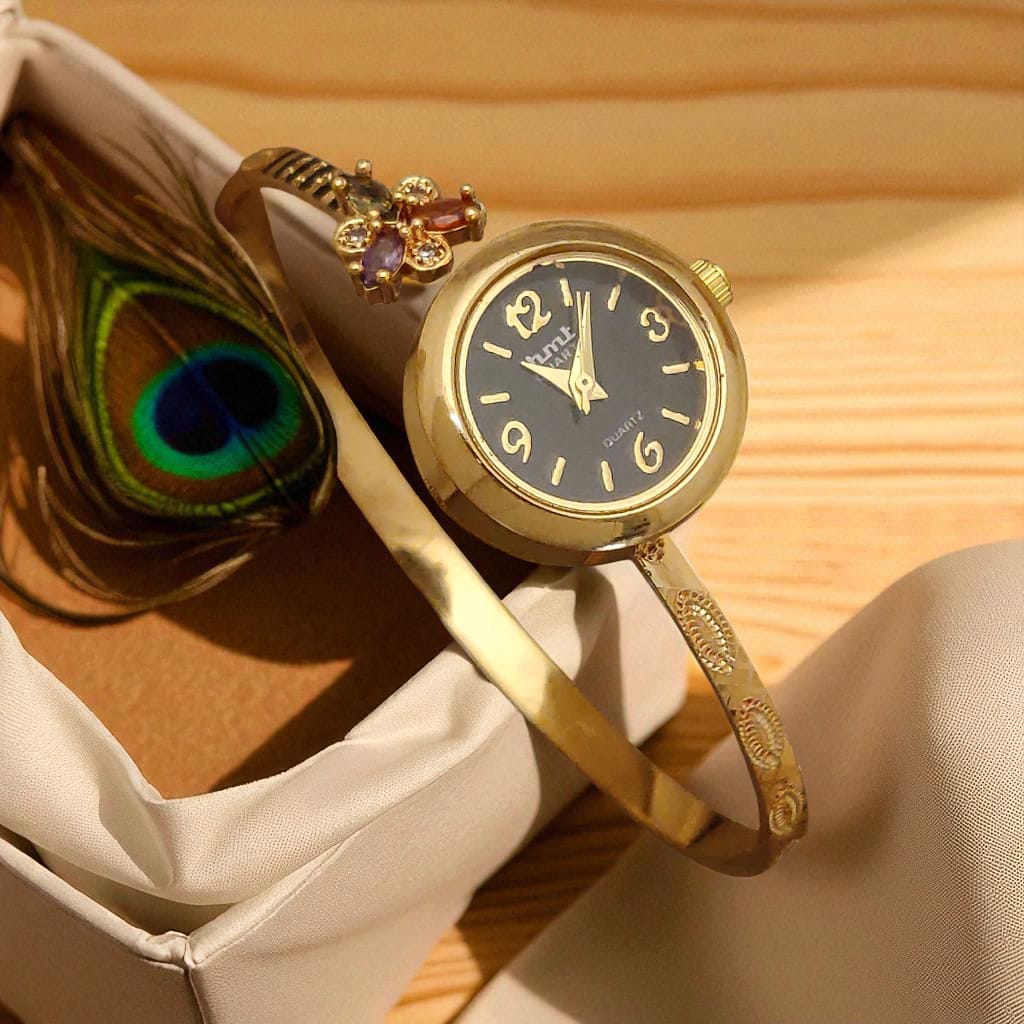 Premium High Gold Plated And Diamond Studded Flower Adjustable Black Watch For Women