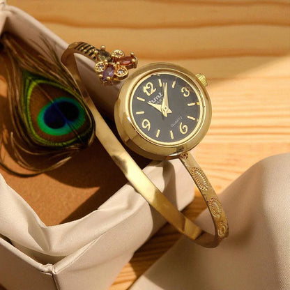 Premium High Gold Plated And Diamond Studded Flower Adjustable Black Watch For Women