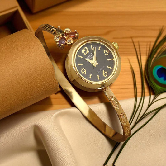 Premium High Gold Plated And Diamond Studded Flower Adjustable Black Watch For Women