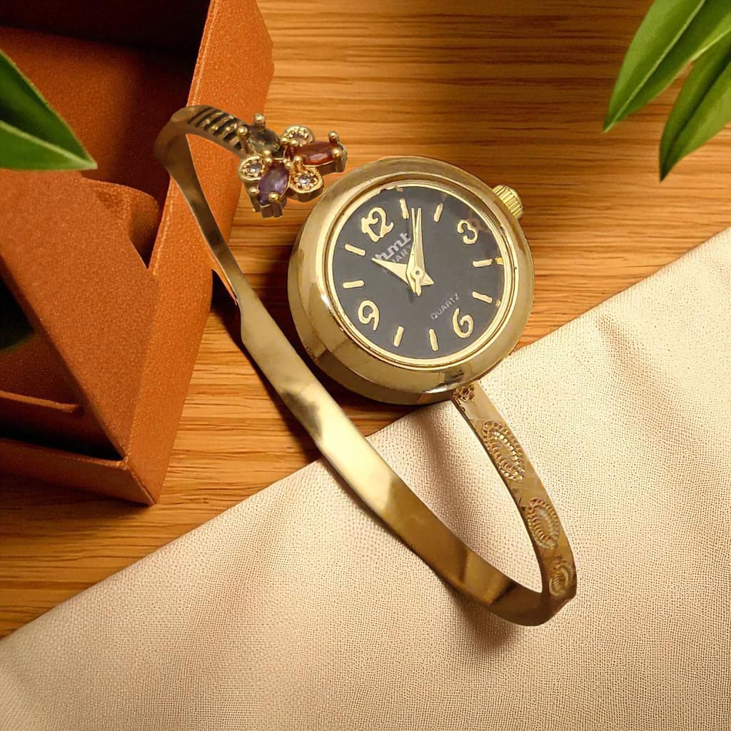 Premium High Gold Plated And Diamond Studded Flower Adjustable Black Watch For Women