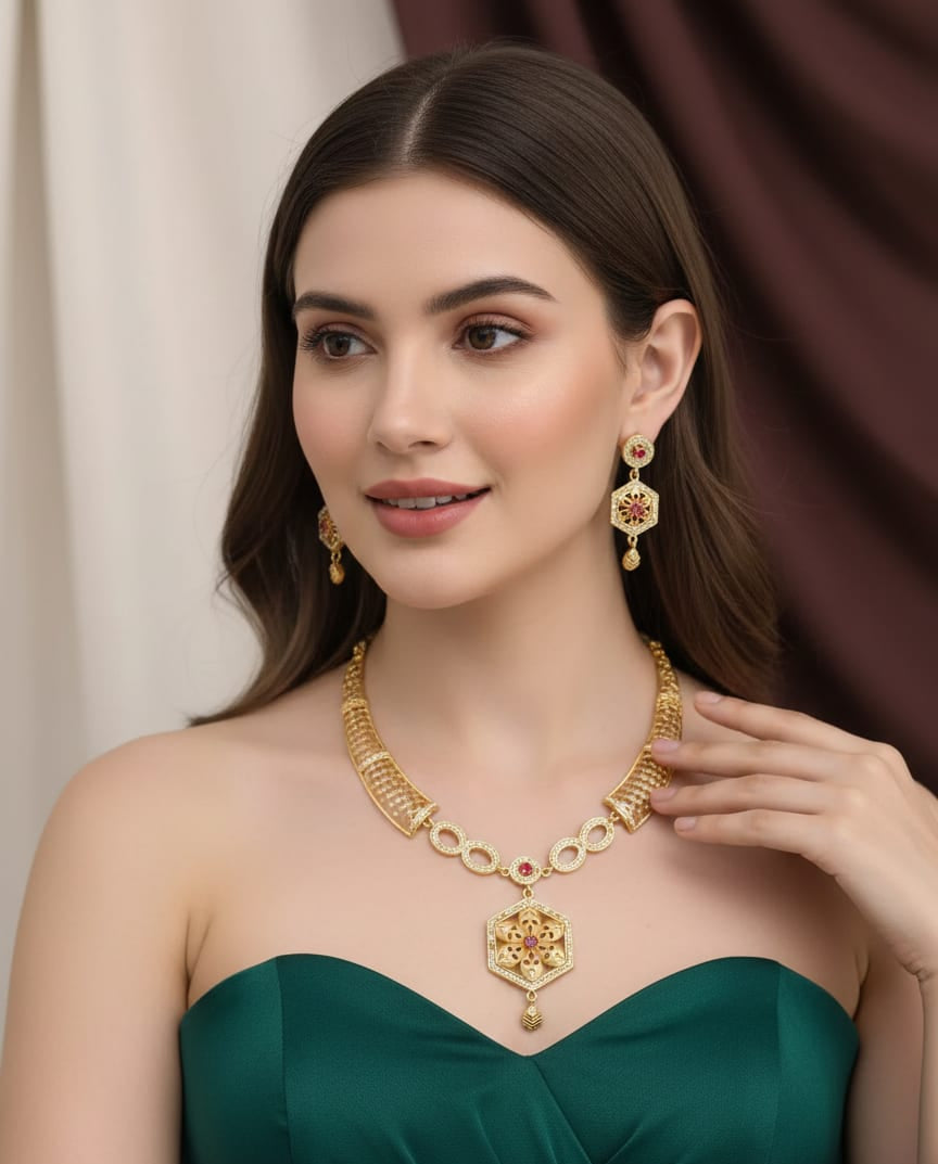 Designer High Gold Plated And Diamond Studded Fancy Flower Necklace with Earring