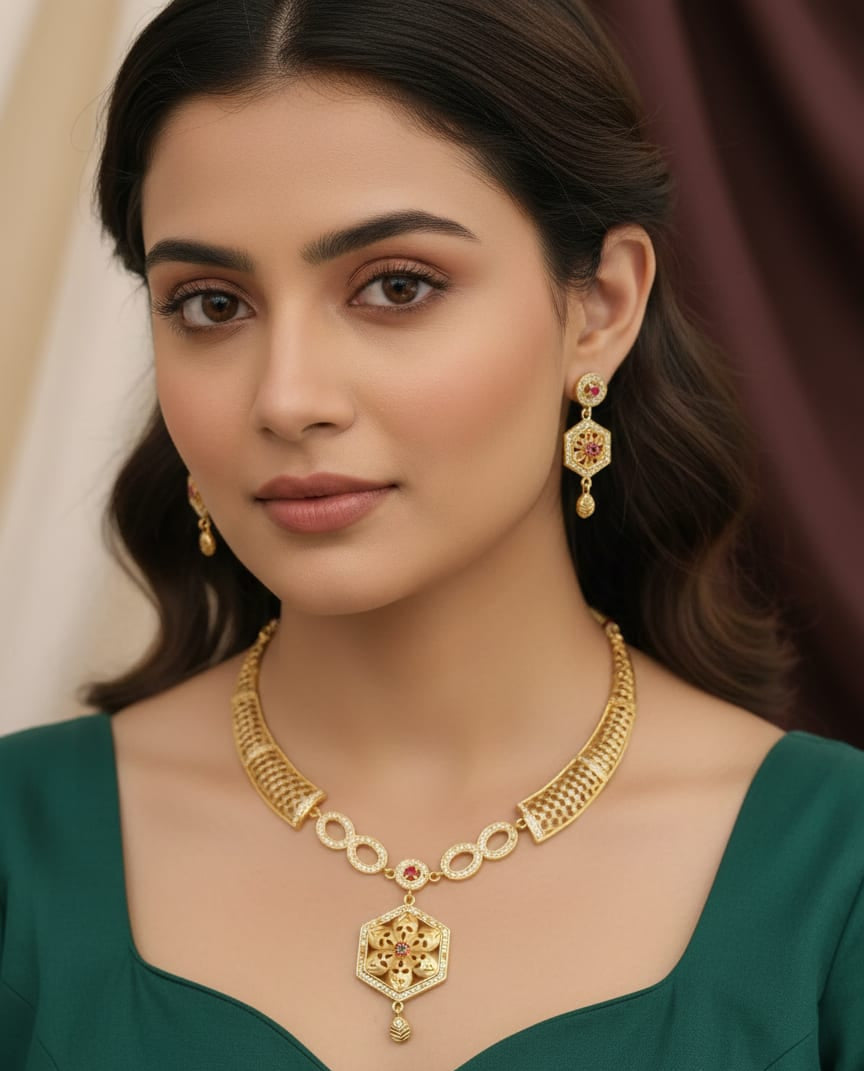 Designer High Gold Plated And Diamond Studded Fancy Flower Necklace with Earring