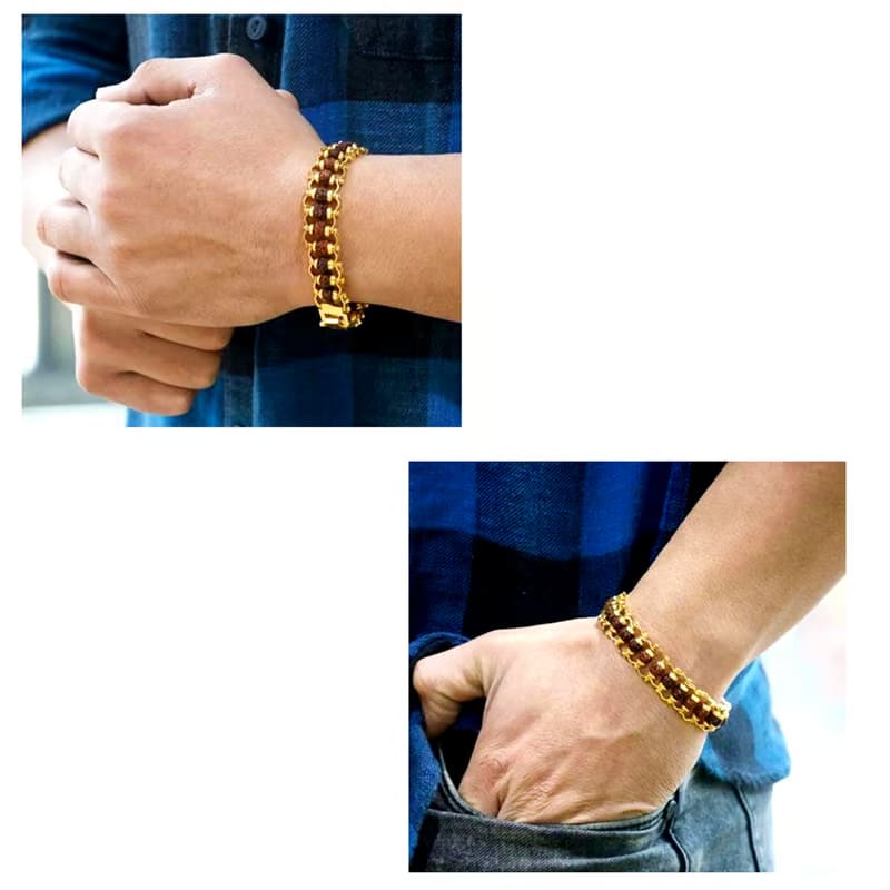 Brass Rudraksha Bracelet For Men 5 Mukhi Rudraksha Beads Embedded In Gold Plated