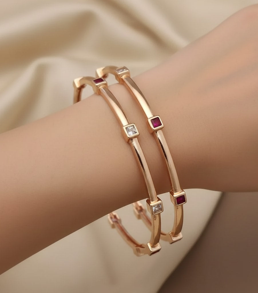 Rose Gold Plated Ruby & And Diamond Square Studded Bangles – Set Of 2