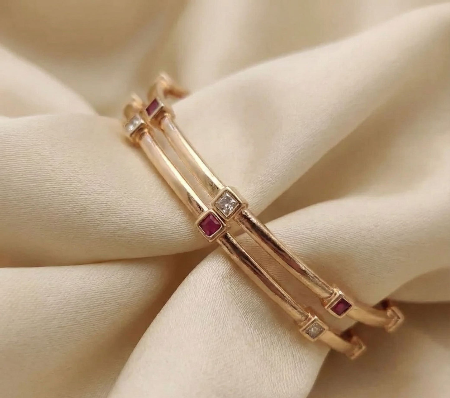 Rose Gold Plated Ruby & And Diamond Square Studded Bangles – Set Of 2