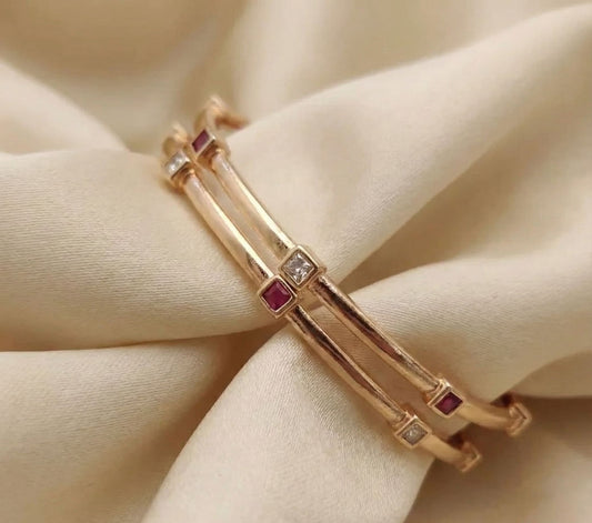 Rose Gold Plated Ruby & And Diamond Square Studded Bangles – Set Of 2
