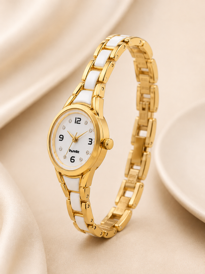 Elegant Anti-tarnish Gold and White Ceramic Women's Dress Watch