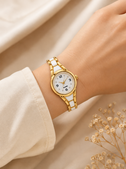Elegant Anti-tarnish Gold and White Ceramic Women's Dress Watch