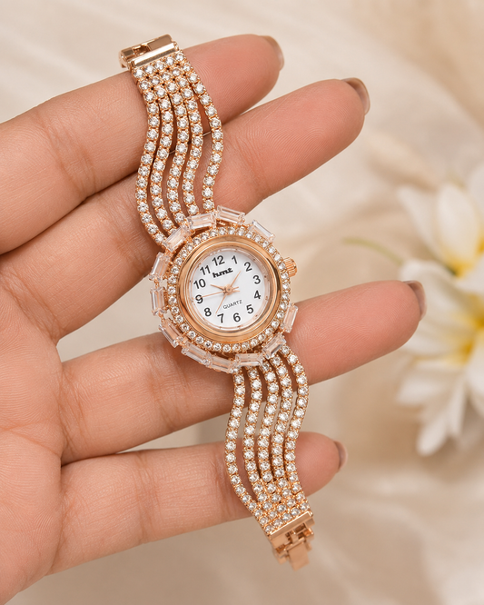 Rose Gold Crystal-Embellished Luxury Bracelet Watch