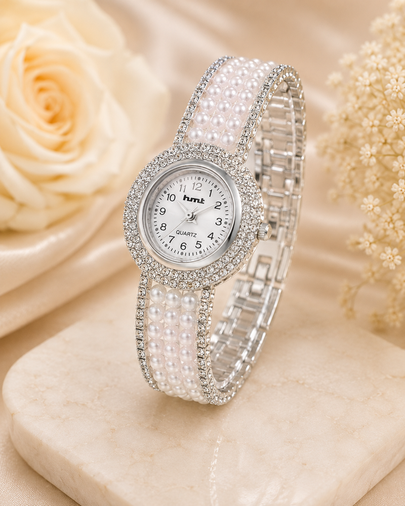 Luxury Silver Pearl & Diamond-Cut Crystal Studded Bracelet Watch for Women