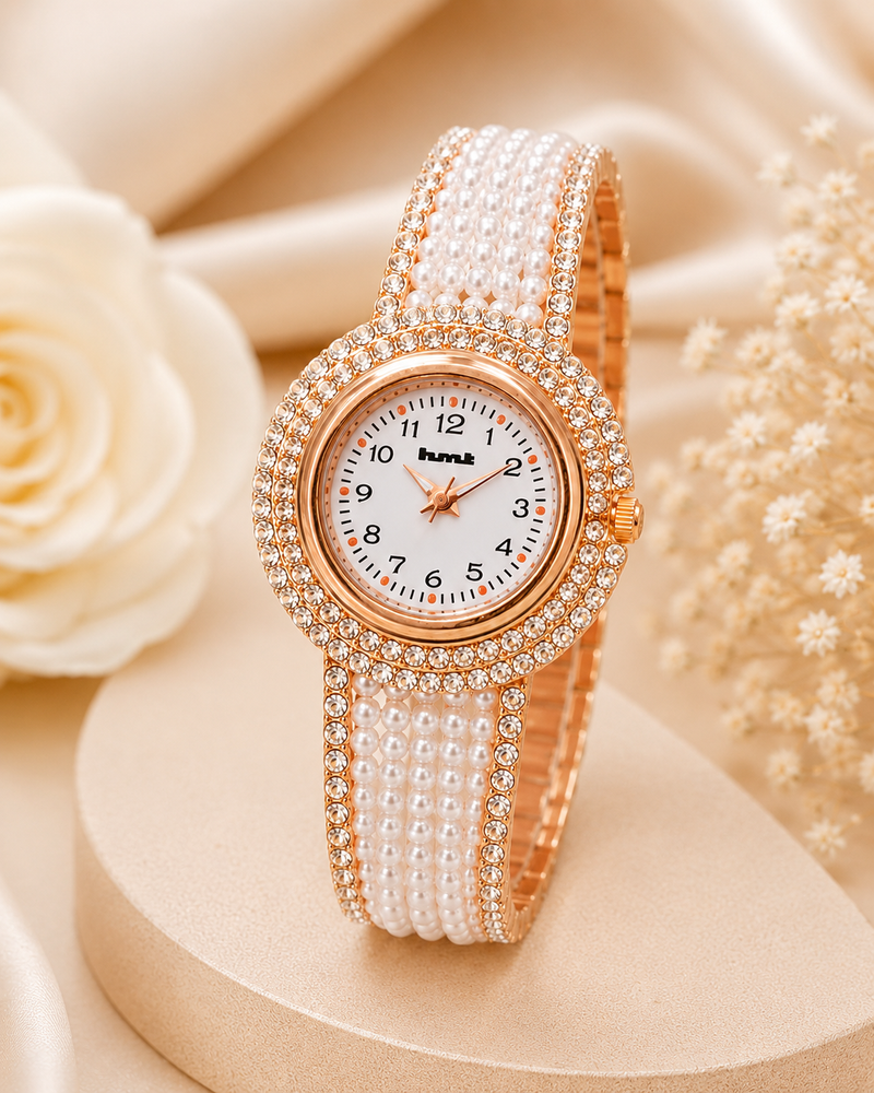 18k Gold Plated Pearl Crystal Bracelet Watch
