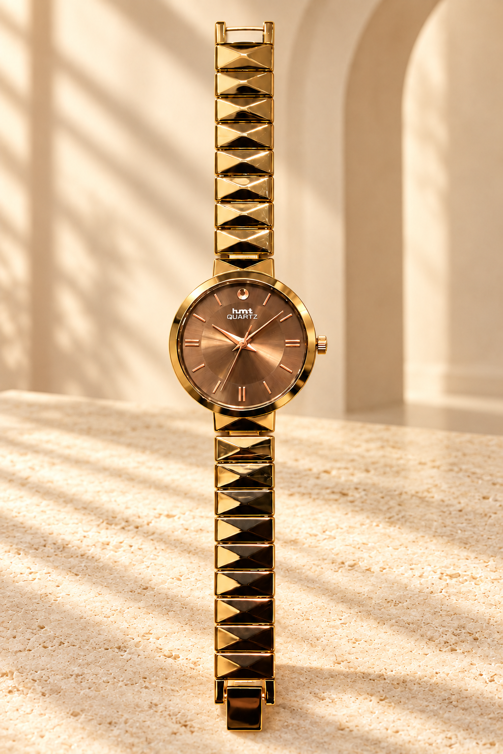 HMT Quartz Women's Analog Watch Brown Dial with Gold Pyramidal Strap