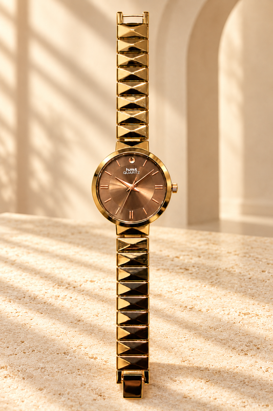 HMT Quartz Women's Analog Watch Brown Dial with Gold Pyramidal Strap