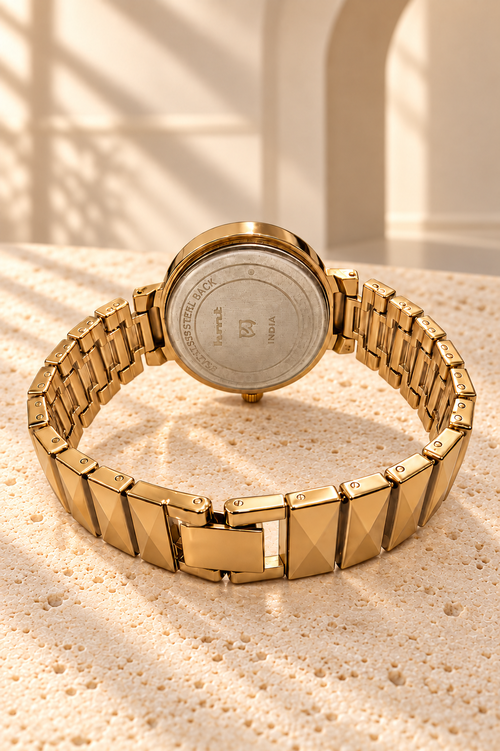 HMT Quartz Women's Analog Watch Brown Dial with Gold Pyramidal Strap