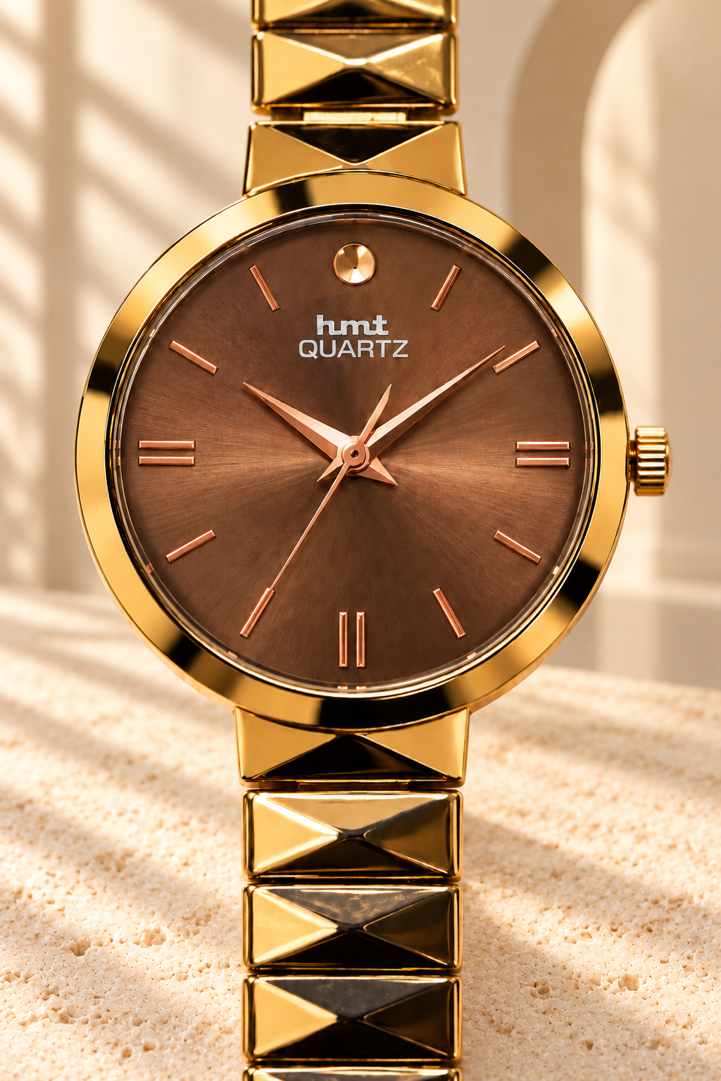 HMT Quartz Women's Analog Watch Brown Dial with Gold Pyramidal Strap