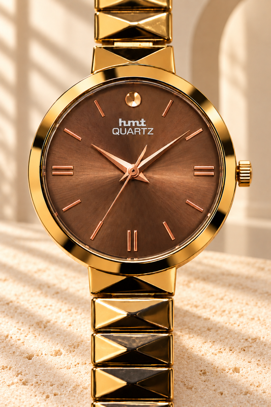 HMT Quartz Women's Analog Watch Brown Dial with Gold Pyramidal Strap