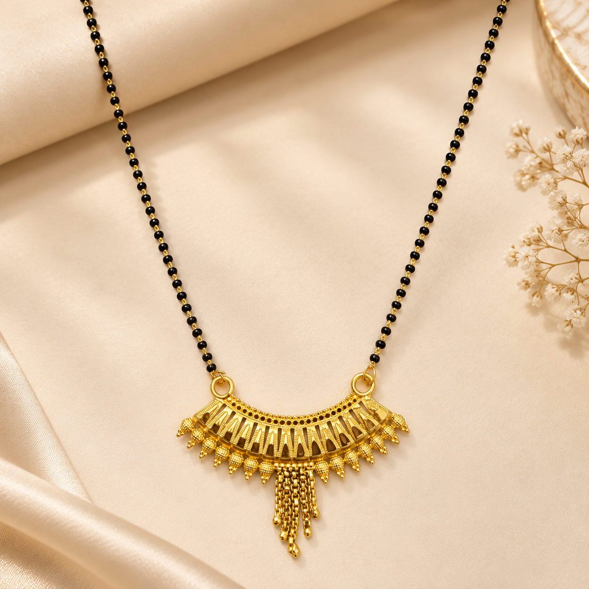 Elegant Gold-Plated Traditional Mangalsutra with Textured Crescent Pendant