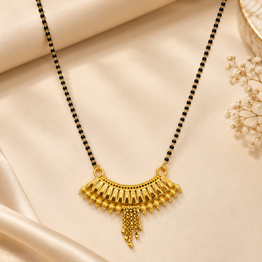 Elegant Gold-Plated Traditional Mangalsutra with Textured Crescent Pendant