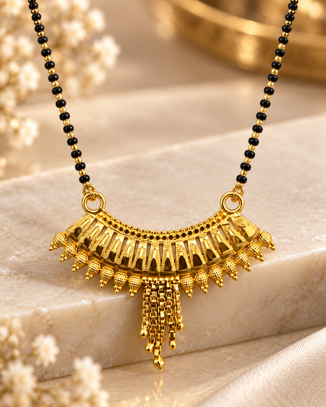 Elegant Gold-Plated Traditional Mangalsutra with Textured Crescent Pendant