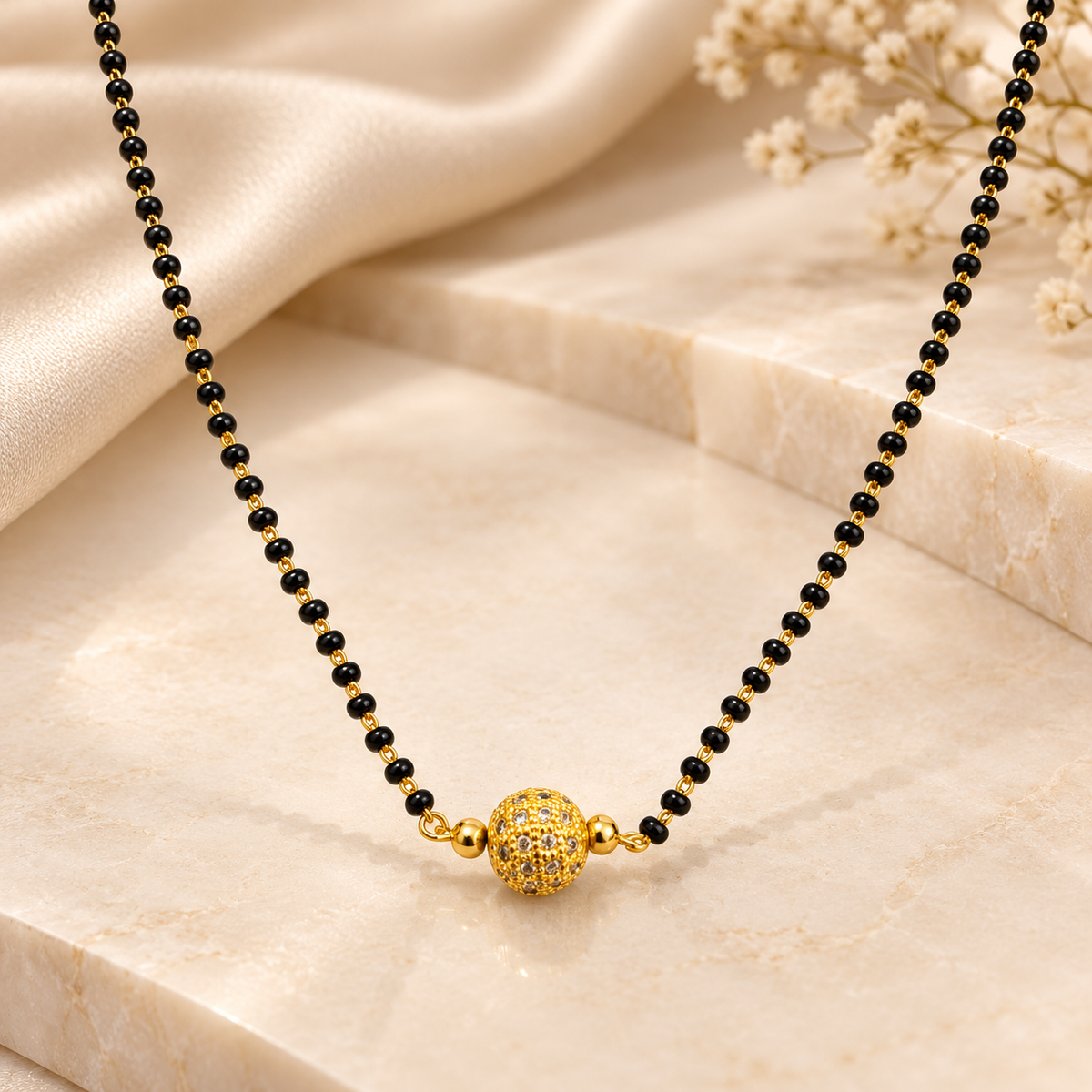 Elegant  Gold Plated Single-Strand Mangalsutra with Textured CZ Ball Pendant