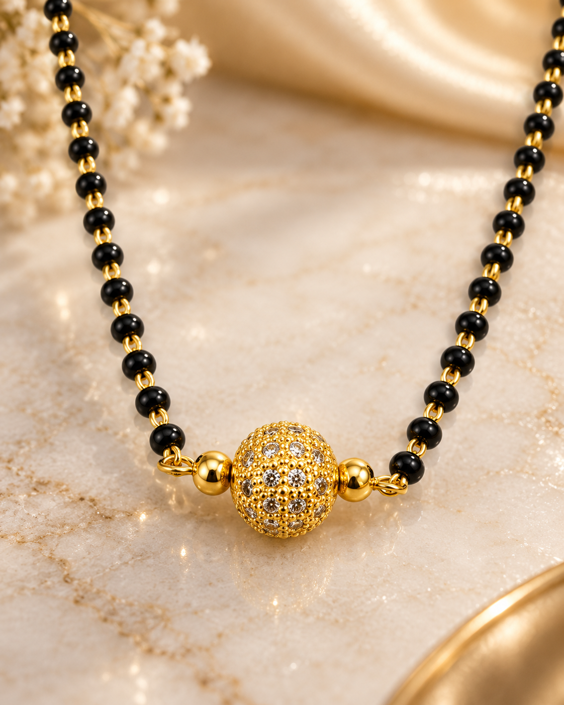 Elegant  Gold Plated Single-Strand Mangalsutra with Textured CZ Ball Pendant