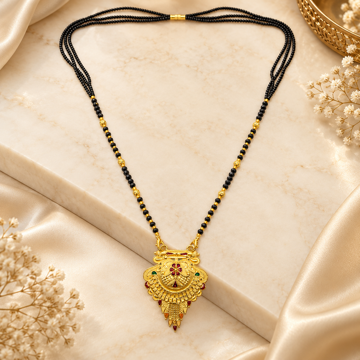 Traditional Gold-Plated Floral Filigree Mangalsutra Necklace with Classic Black Beads