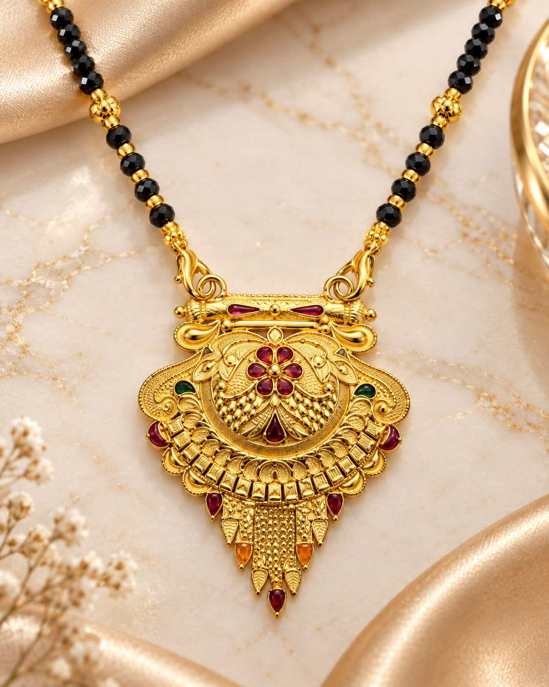 Traditional Gold-Plated Floral Filigree Mangalsutra Necklace with Classic Black Beads