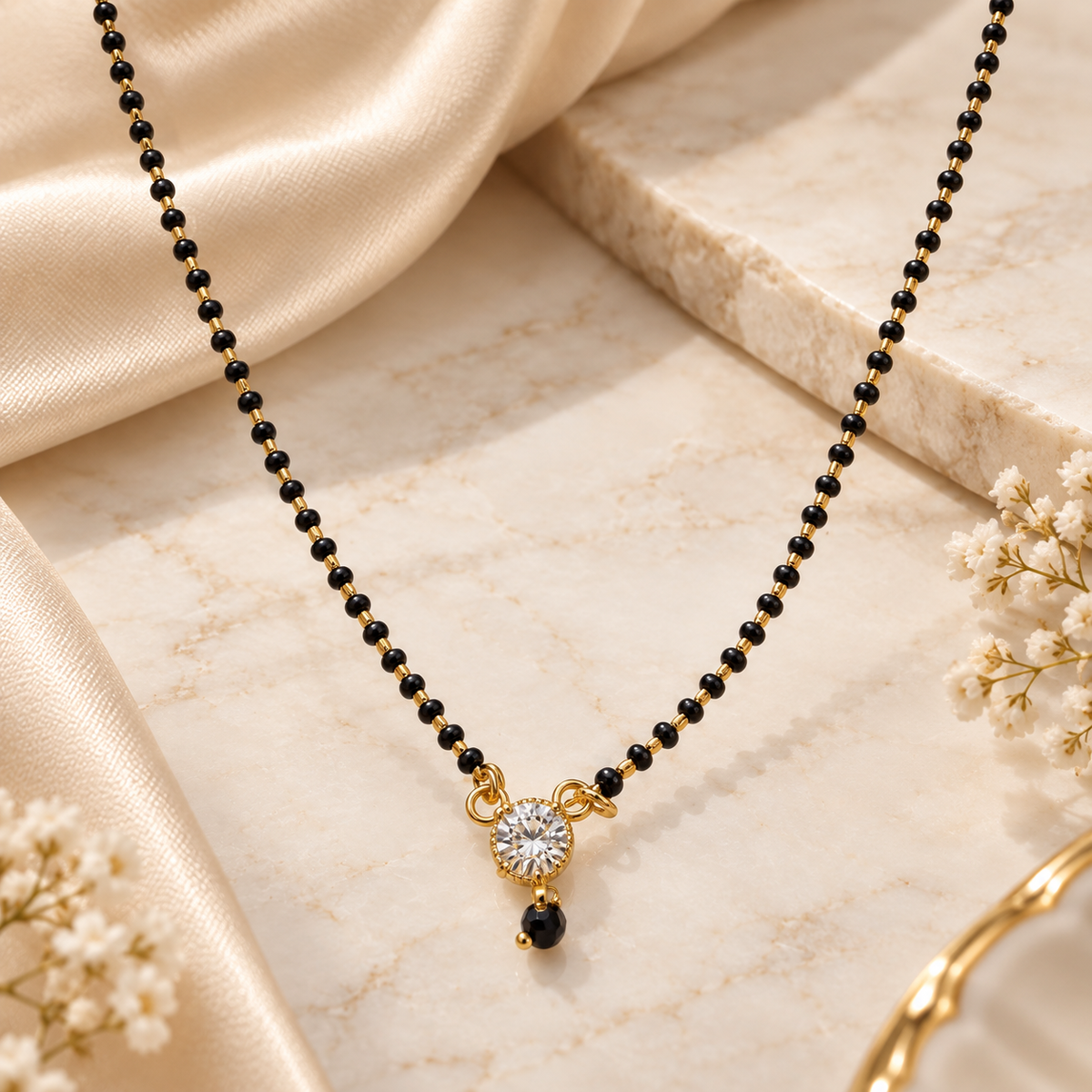 Elegant Gold-Plated Single-Stone Diamond Mangalsutra with Traditional Black Beads