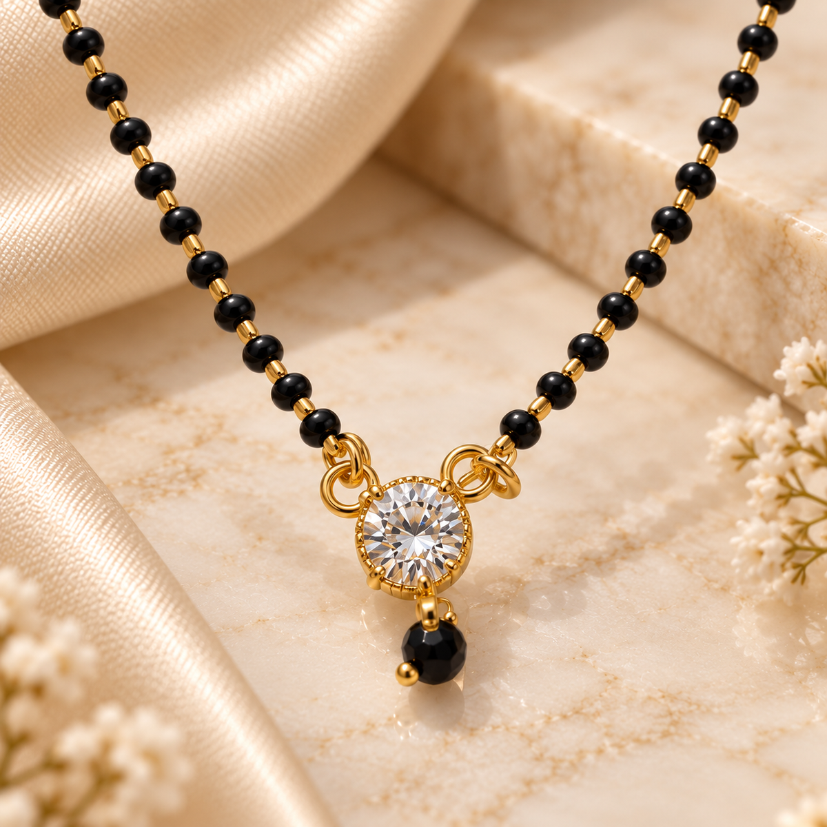 Elegant Gold-Plated Single-Stone Diamond Mangalsutra with Traditional Black Beads