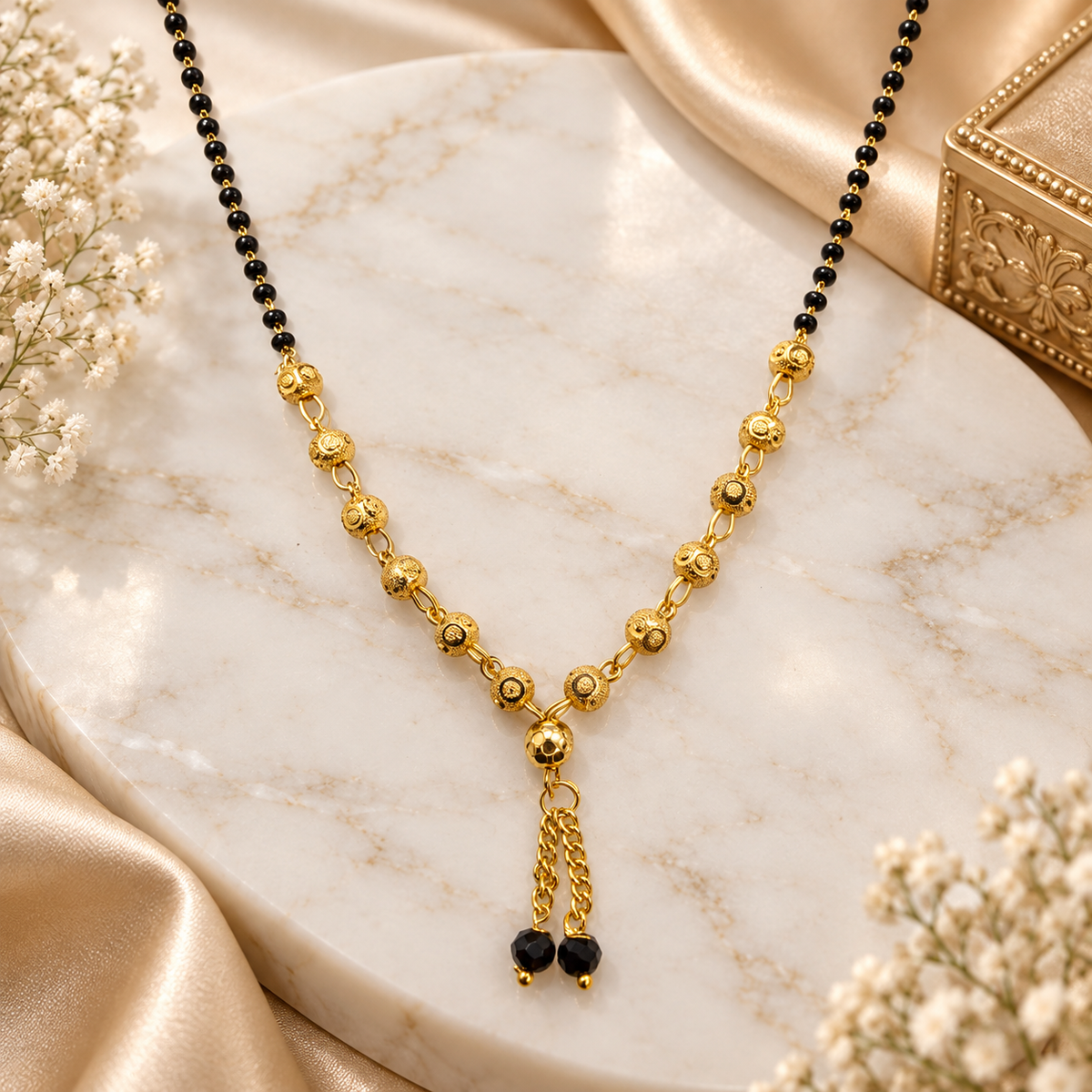 Premium Gold-Plated Textured Bead Drop Mangalsutra Necklace