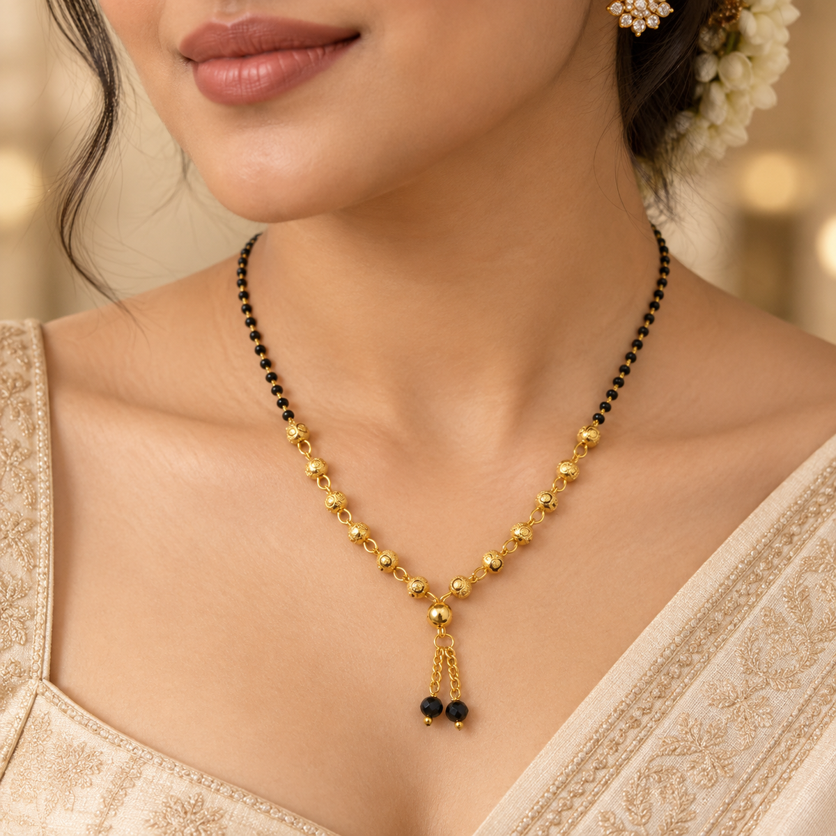 Premium Gold-Plated Textured Bead Drop Mangalsutra Necklace