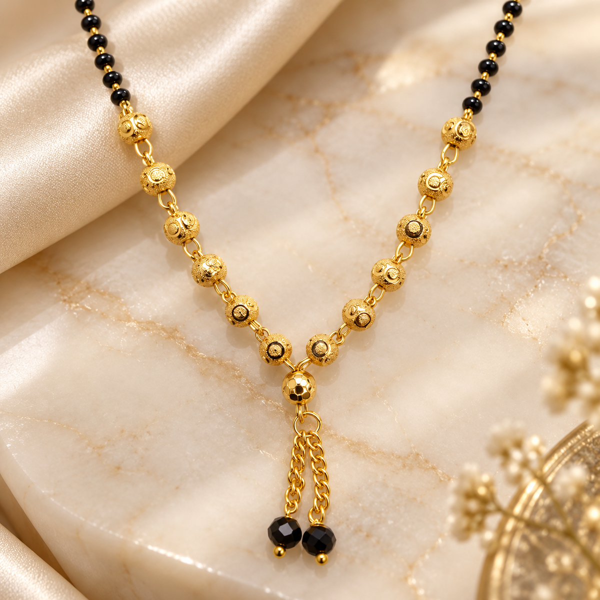 Premium Gold-Plated Textured Bead Drop Mangalsutra Necklace